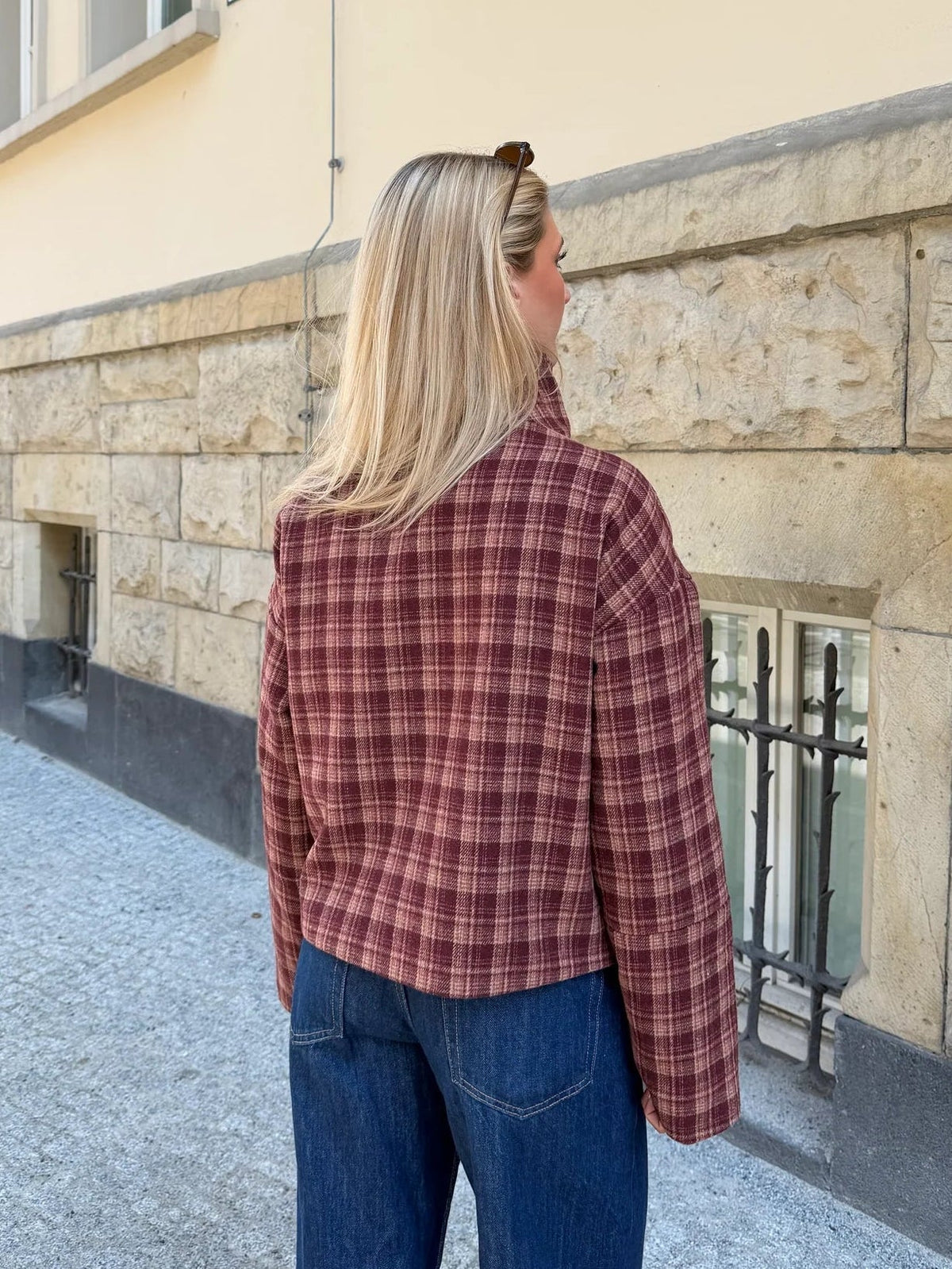 OLANE Classic Plaid Stand Collar Coat LWomen's Coats & Jackets