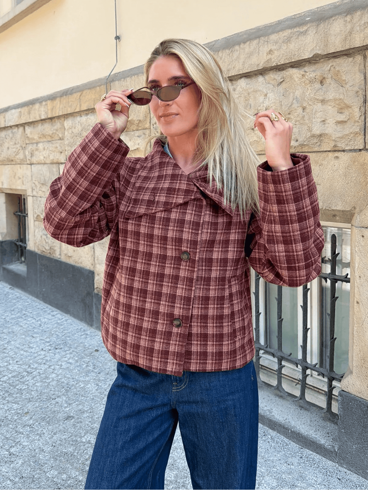 OLANE Classic Plaid Stand Collar Coat LWomen's Coats & Jackets