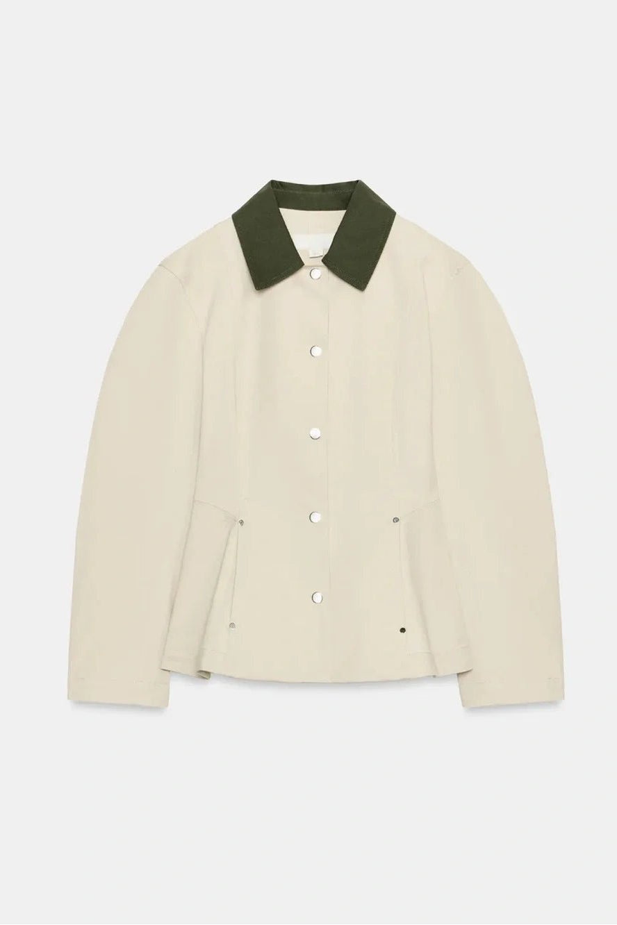 OLANE Contrast Collar Peplum Jacket BeigeXSWomen's Coats & Jackets