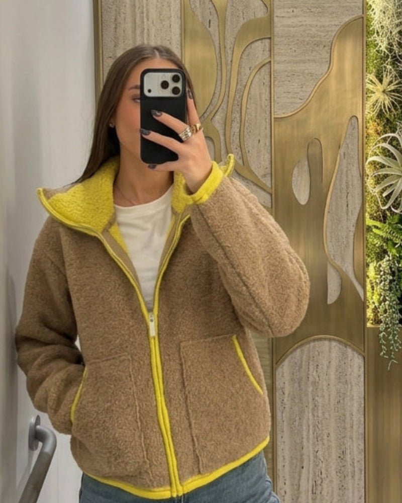 Strickjacke mit Kontrastbesatz und Reißverschluss