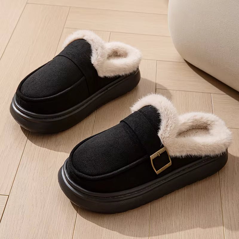 OLANE Cozy Fur-Lined Mule Platform Slippers Black36Shoes