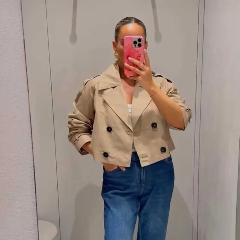 OLANE Cropped Double Breasted Trench Coat BeigeLCoat