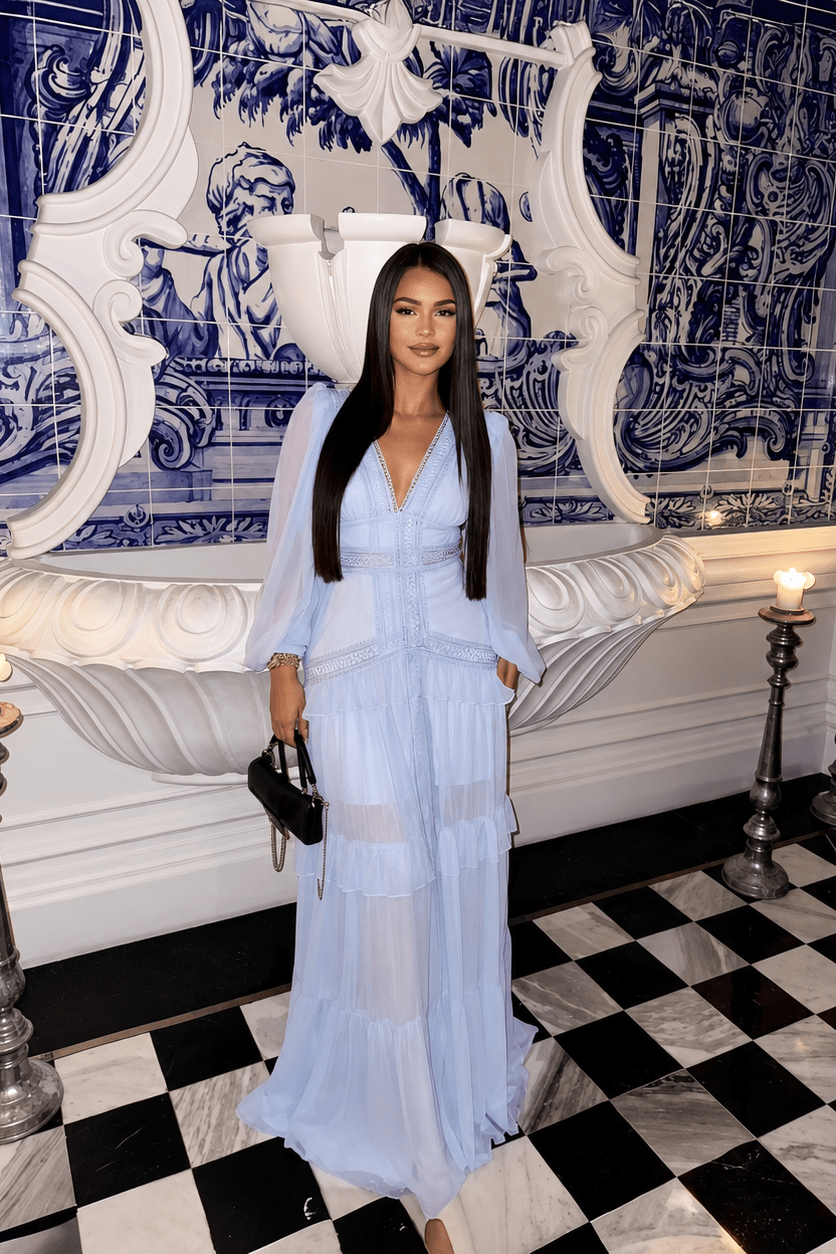 Lucy – Maxikleid mit tiefem V-Ausschnitt und Rüschen