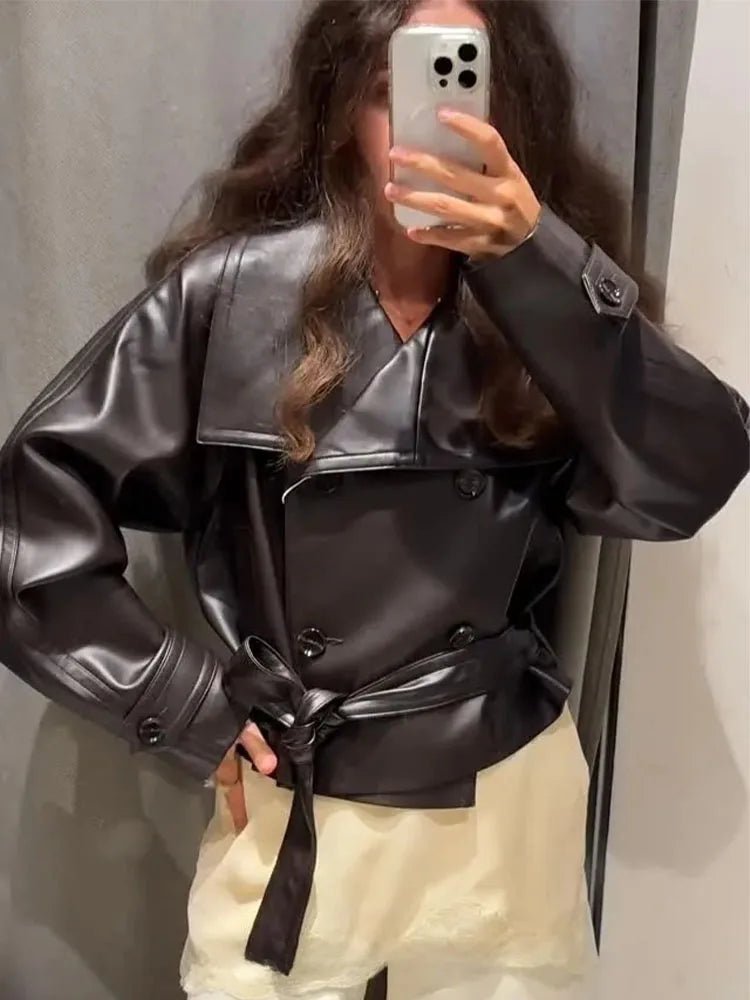 OLANE Double-Breasted Faux Leather Lace-Up Trench Coat BrownSCoat