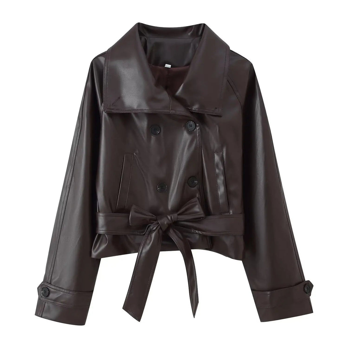 OLANE Double-Breasted Faux Leather Lace-Up Trench Coat BrownSCoat
