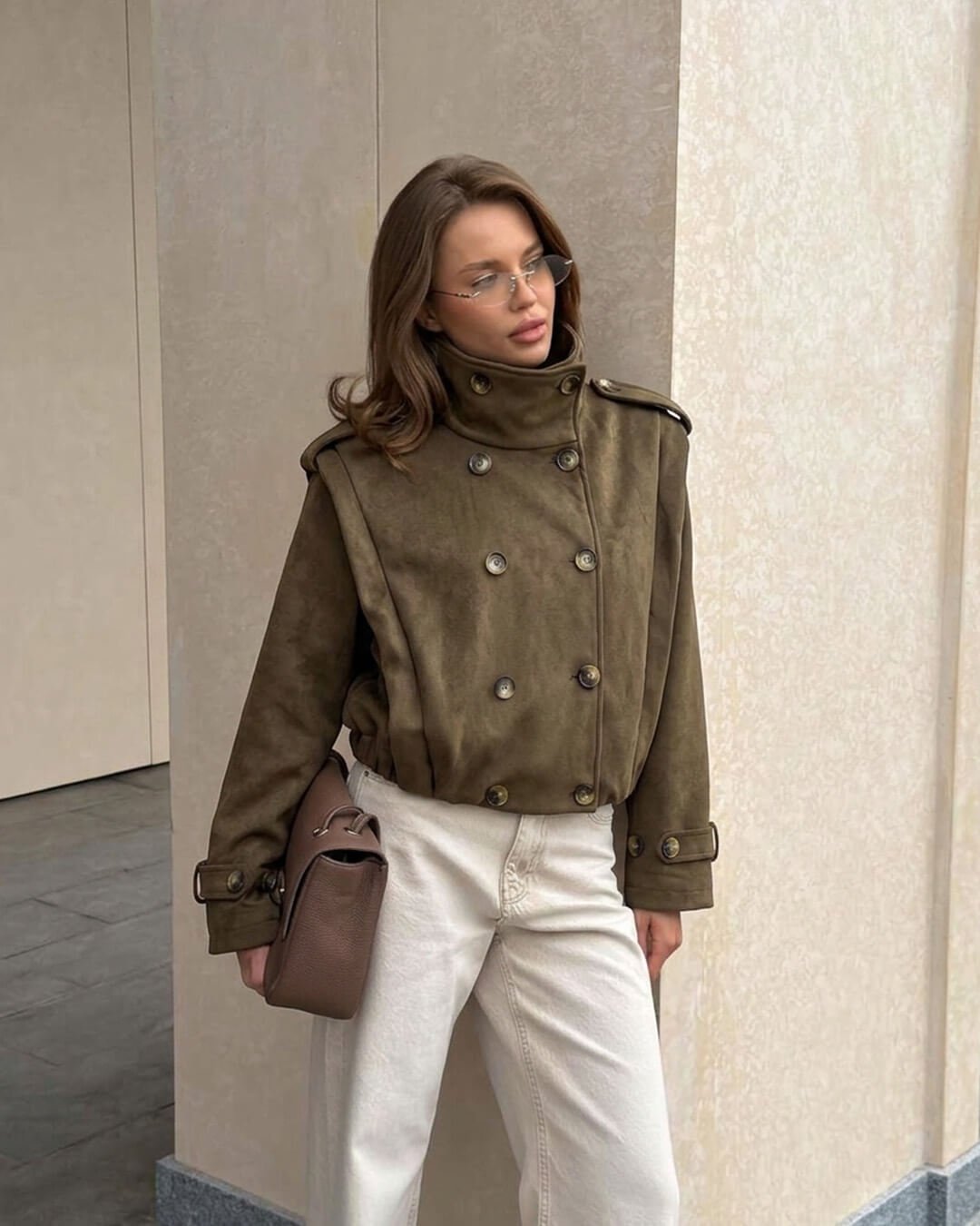 OLANE Double-Breasted Retro Faux Suede Cropped Trench MJacket