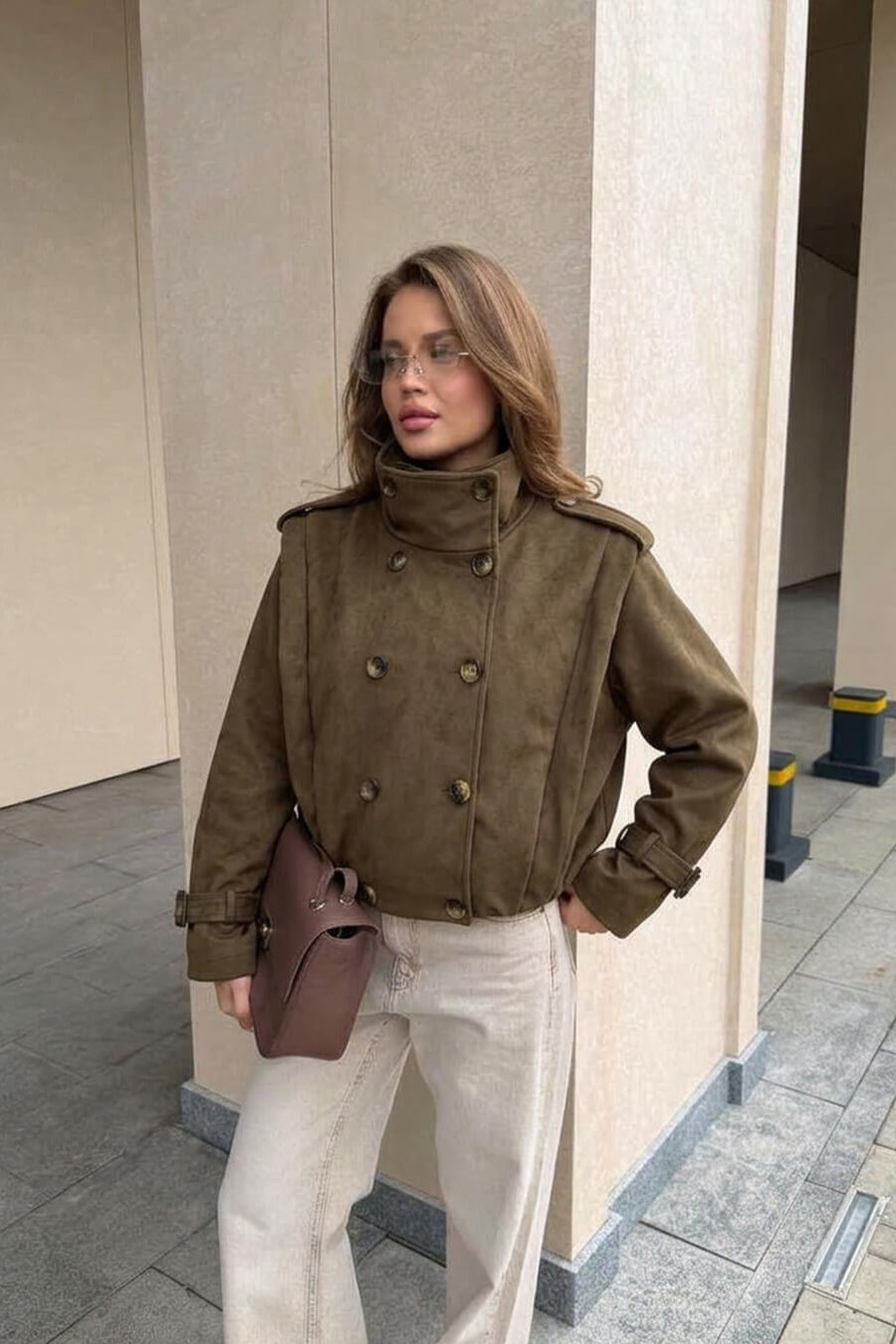 OLANE Double-Breasted Retro Faux Suede Cropped Trench XSJacket