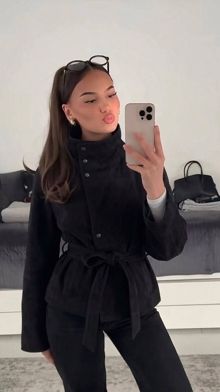 OLANE Elegant Belted Lace-Up Suede Jacket BlackMJacket