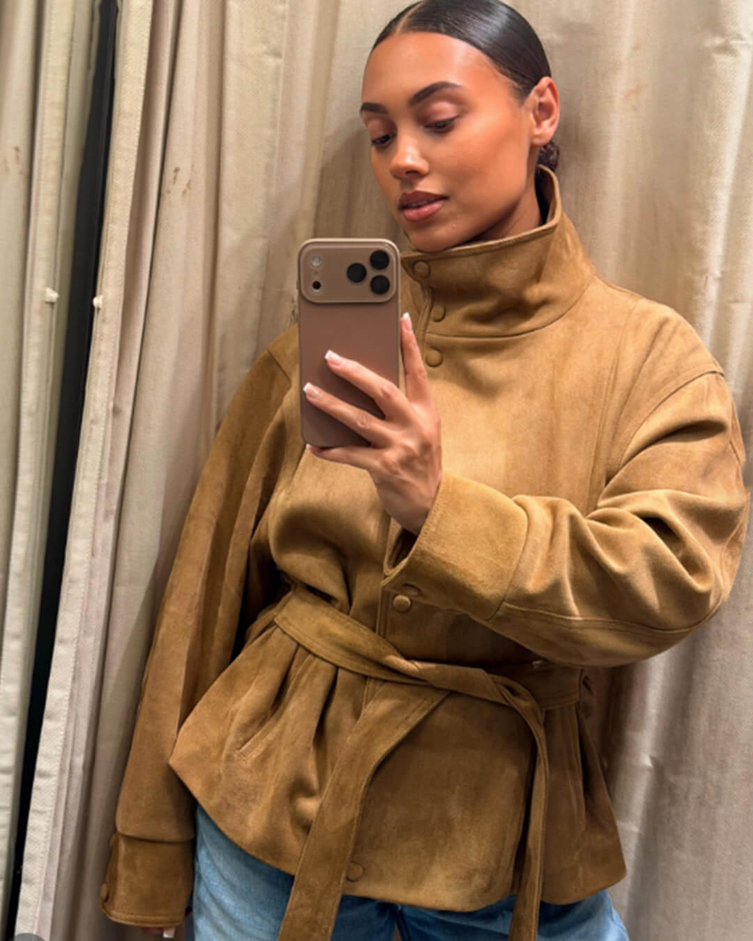 OLANE Elegant Belted Lace-Up Suede Jacket CamelXSJacket