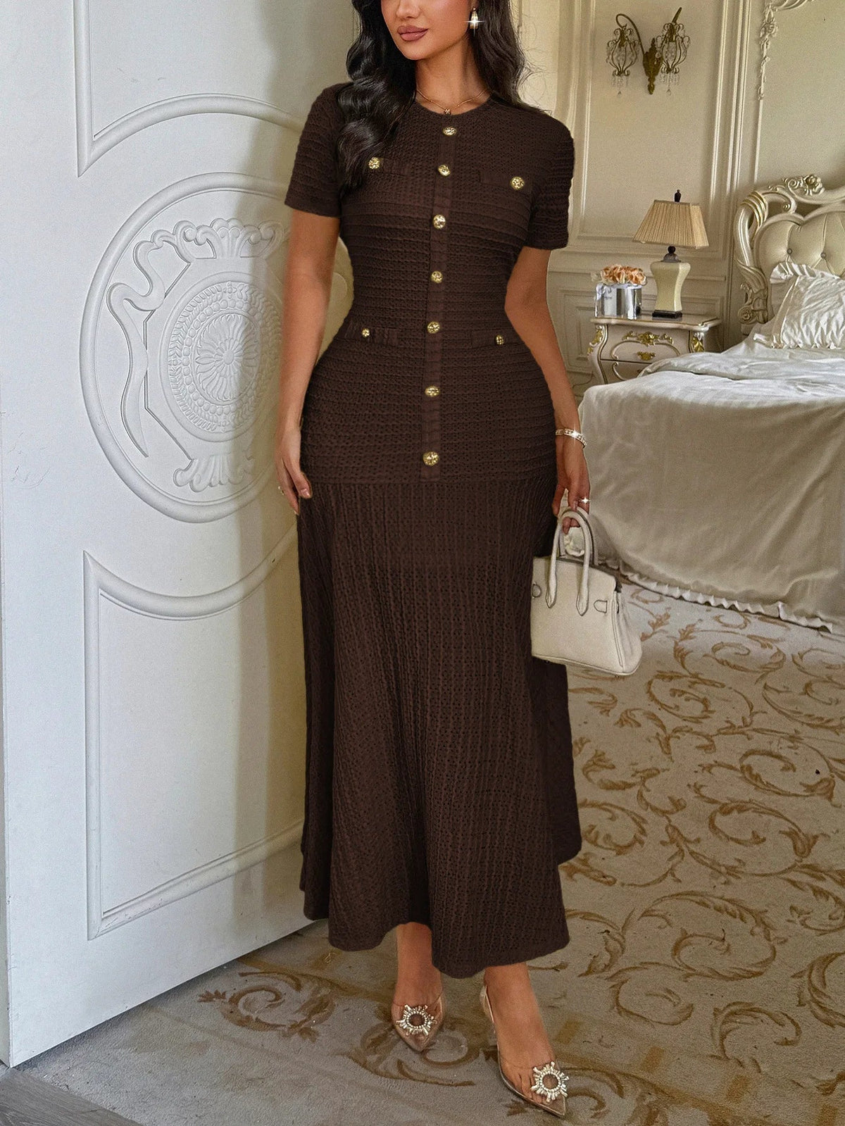 OLANE Elegant Bodycon Flared Midi Dress BrownSDress