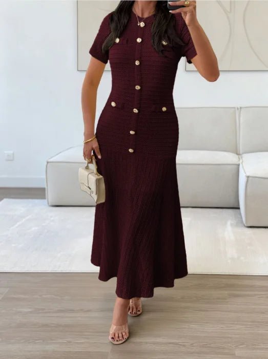 OLANE Elegant Bodycon Flared Midi Dress ClaretSDress
