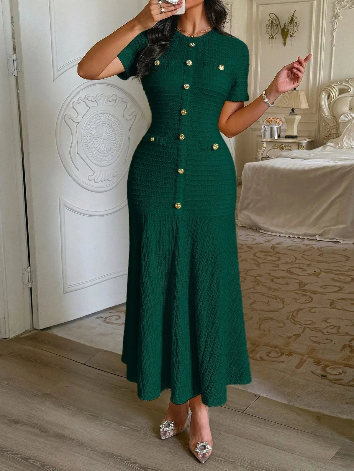 OLANE Elegant Bodycon Flared Midi Dress Dark GreenSDress