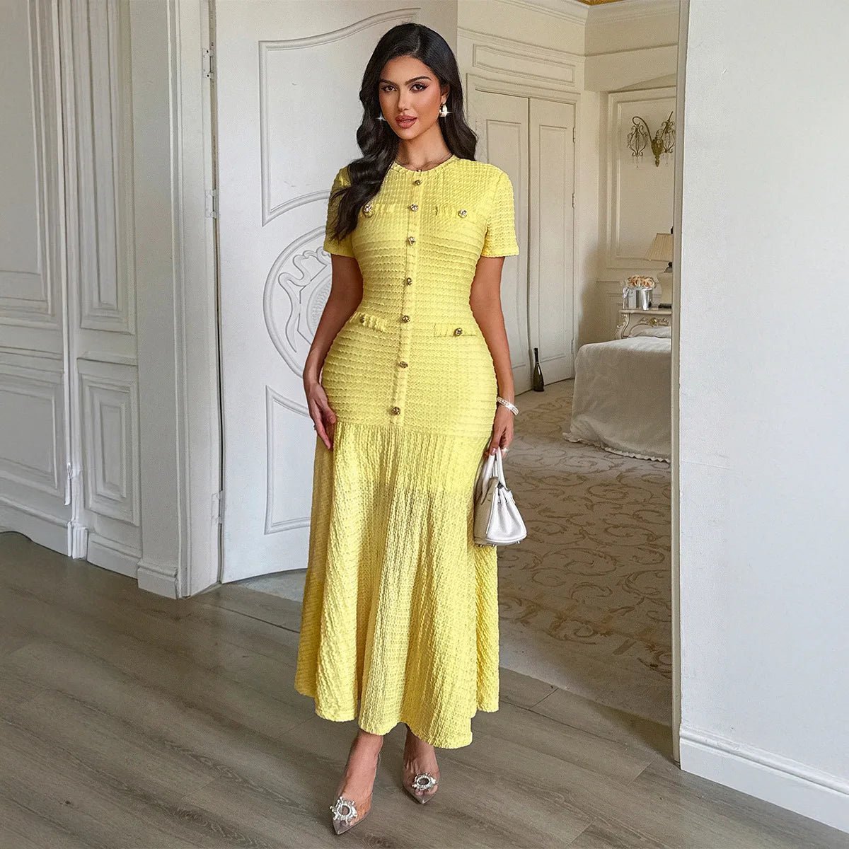 OLANE Elegant Bodycon Flared Midi Dress YellowSDress