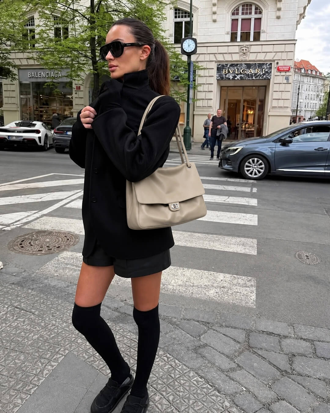 OLANE Elegant Buckle Flap Leather Shoulder Bag Black36×24×11 cmWomen's Handbags