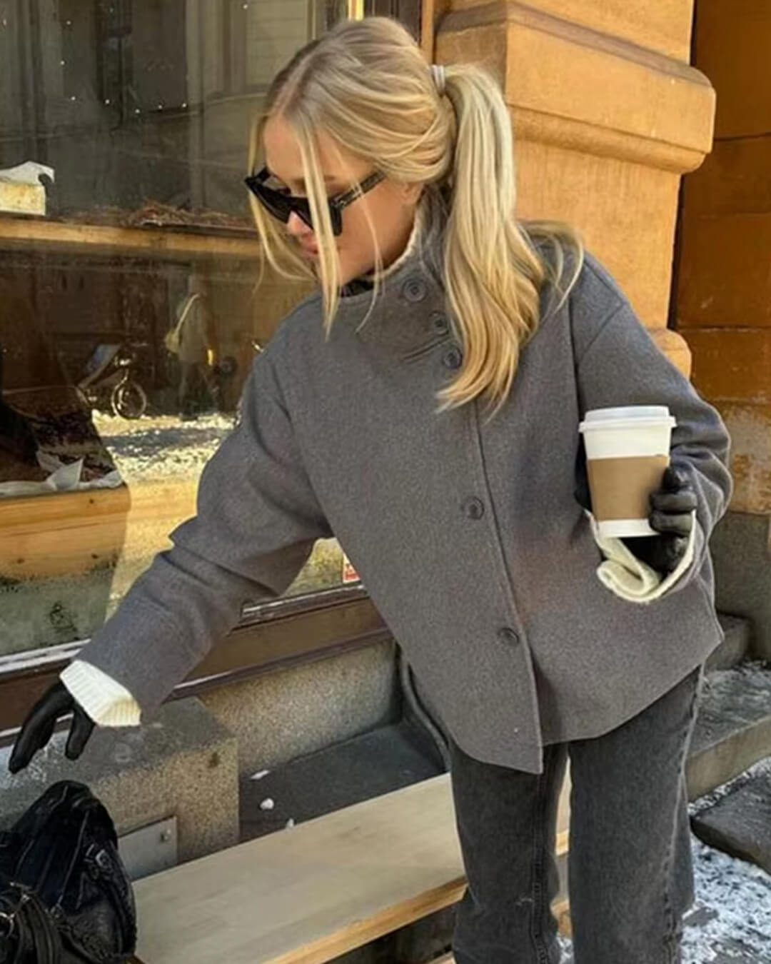 OLANE Elegant Jacket with Stand Collar GreyLWomen's Coats & Jackets