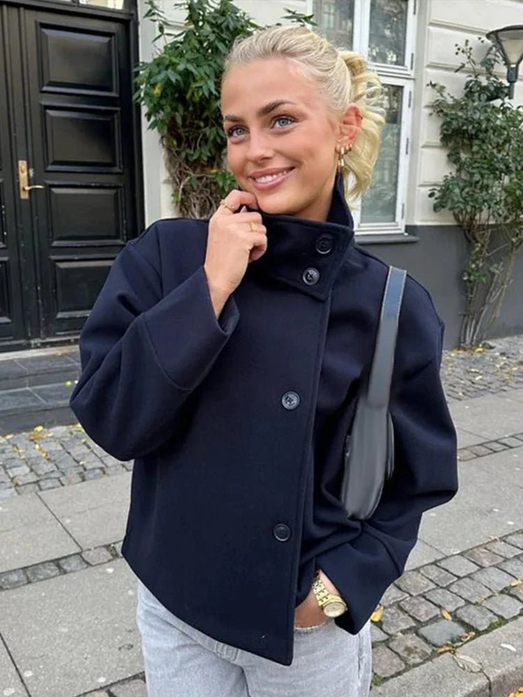OLANE Elegant Jacket with Stand Collar Navy BlueMWomen's Coats & Jackets