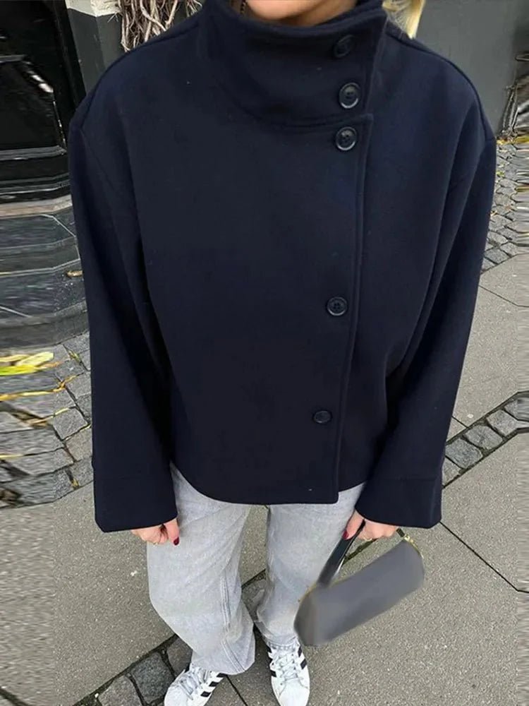 OLANE Elegant Jacket with Stand Collar Navy BlueSWomen's Coats & Jackets