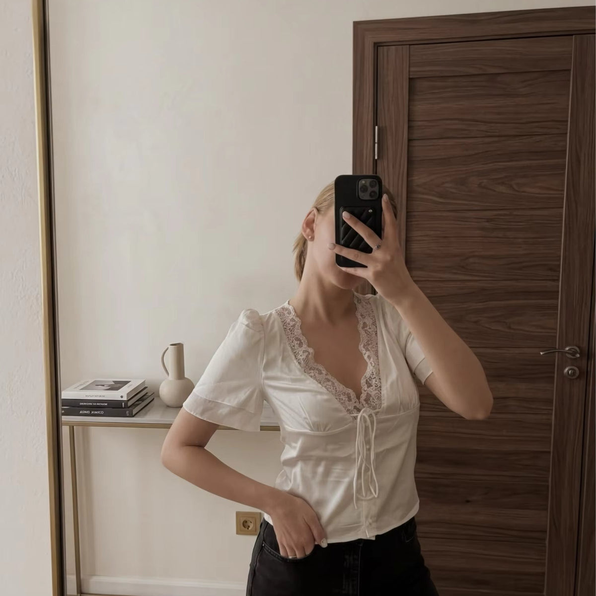 OLANE Elegant Satin Lace Trim Blouse BeigeLWomen's Tops