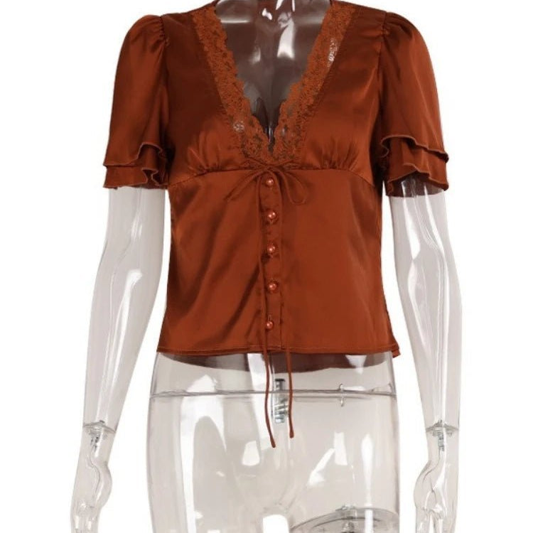 OLANE Elegant Satin Lace Trim Blouse Rusty BrownSWomen's Tops