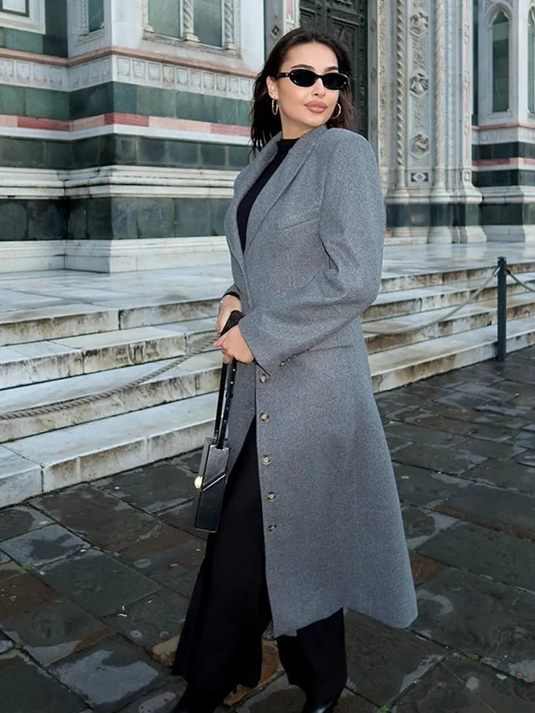 OLANE Erica Cinched Waist Long Coat GreySWomen's Coats & Jackets