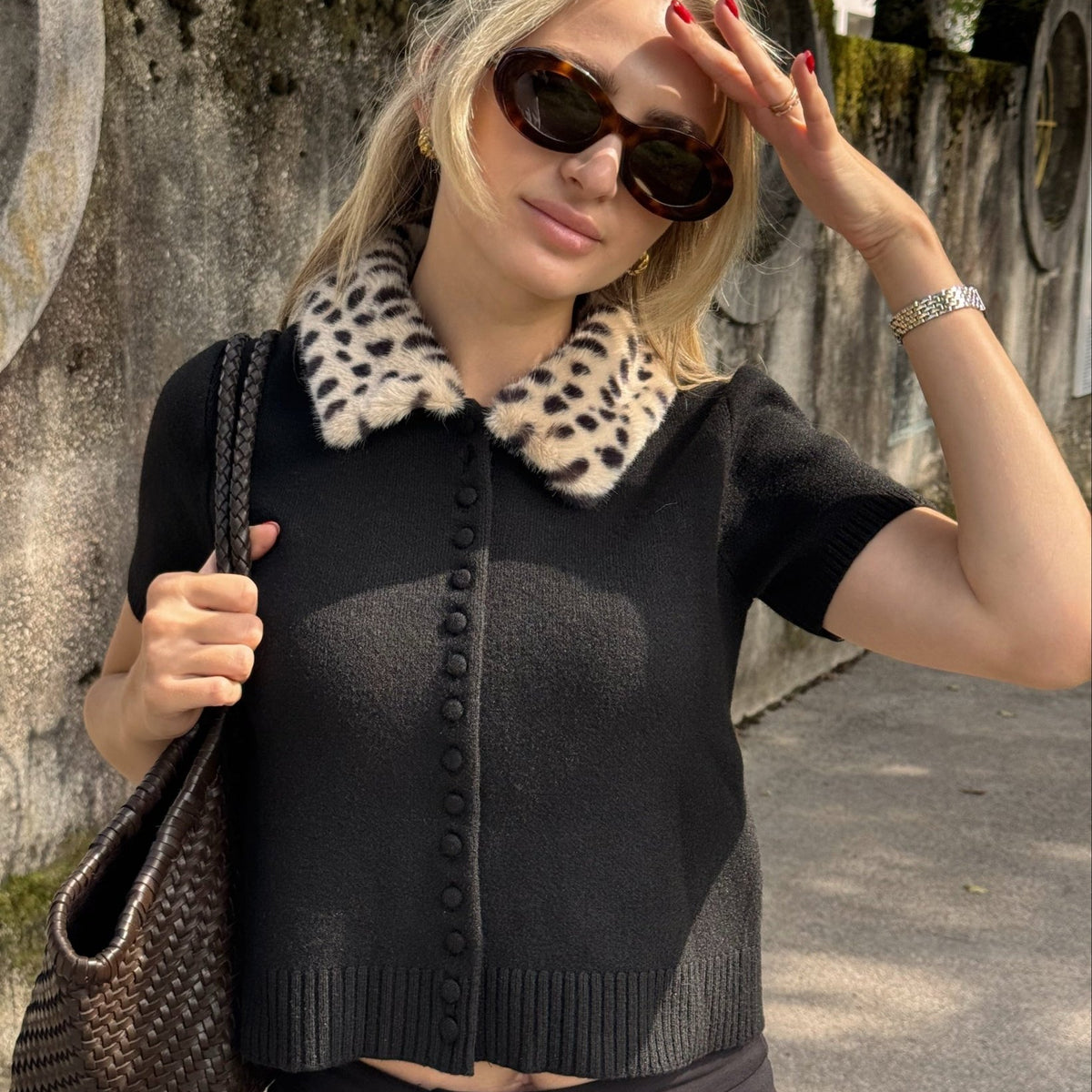 OLANE Faux Fur Bambi Knit Cardigan Top BlackSCardigan