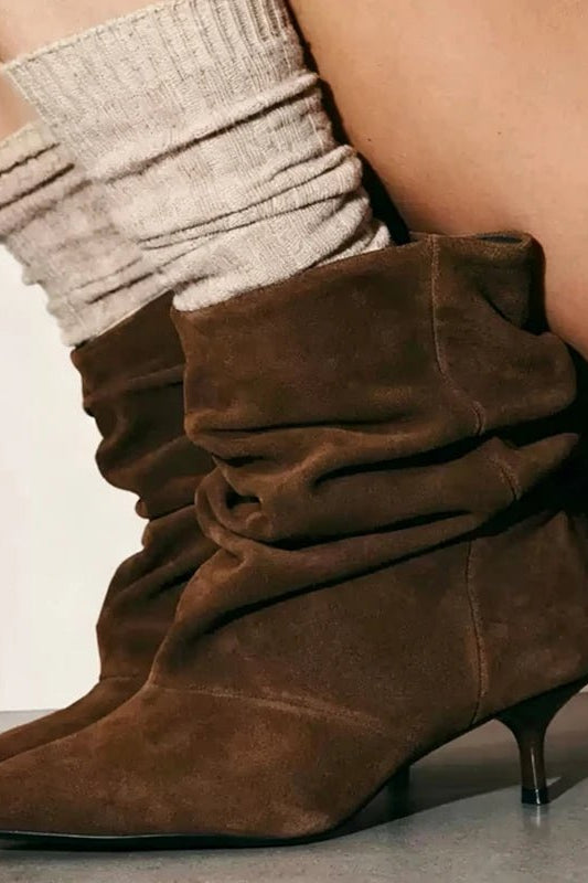 OLANE Faux Suede Ruched Pointed-Toe Boots Brown35Women's Shoes