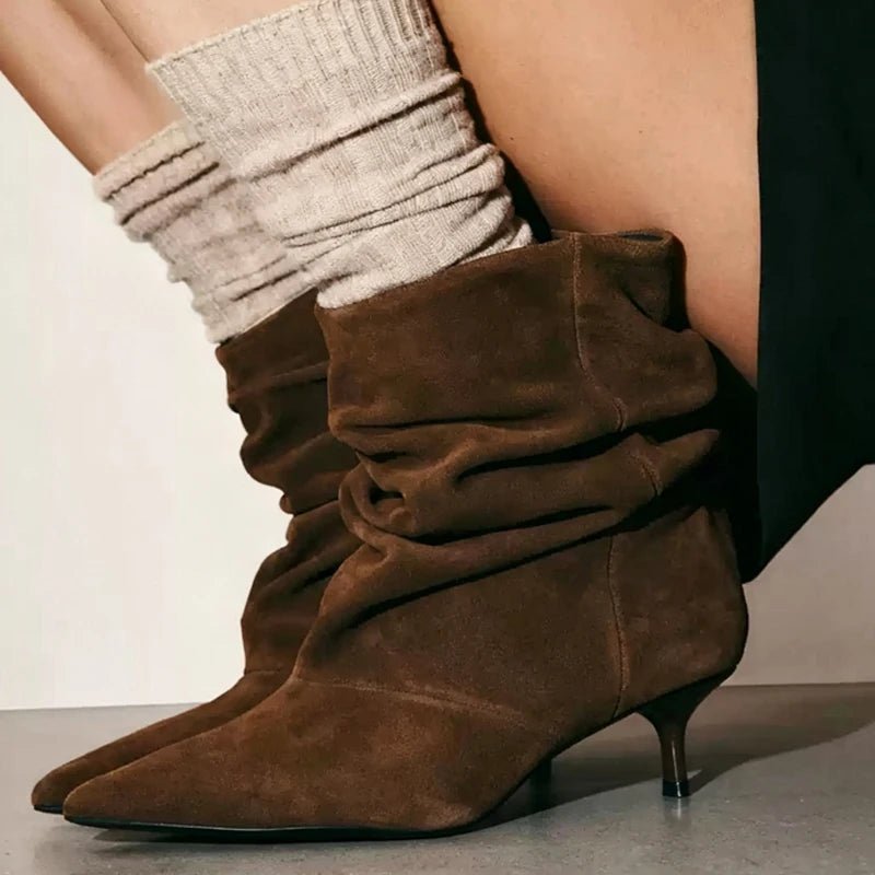 OLANE Faux Suede Ruched Pointed-Toe Boots Brown35Women's Shoes
