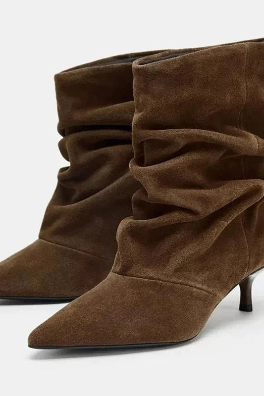 OLANE Faux Suede Ruched Pointed-Toe Boots Brown40Women's Shoes