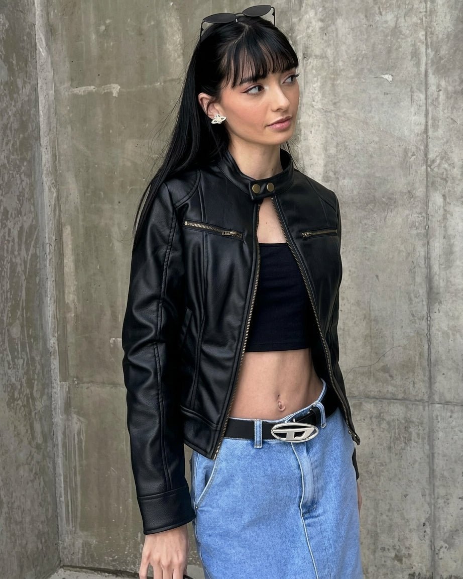 OLANE Fitted Faux Leather Moto Jacket BlackLJacket