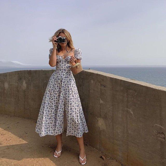 OLANE Floral Puff Sleeve Midi Dress with Slit BlueSWomen's Dresses