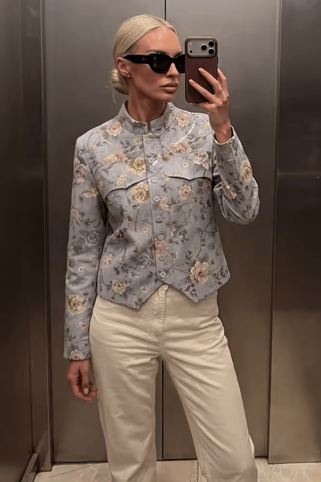 OLANE Floral Vintage Jacquard Cropped Jacket SWomen's Coats & Jackets