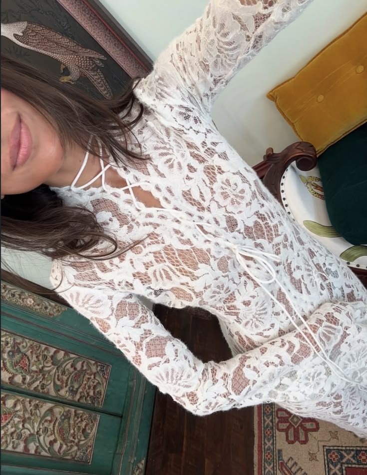 OLANE French Lace Sheer Tie Dress WhiteLWomen’s Dresses