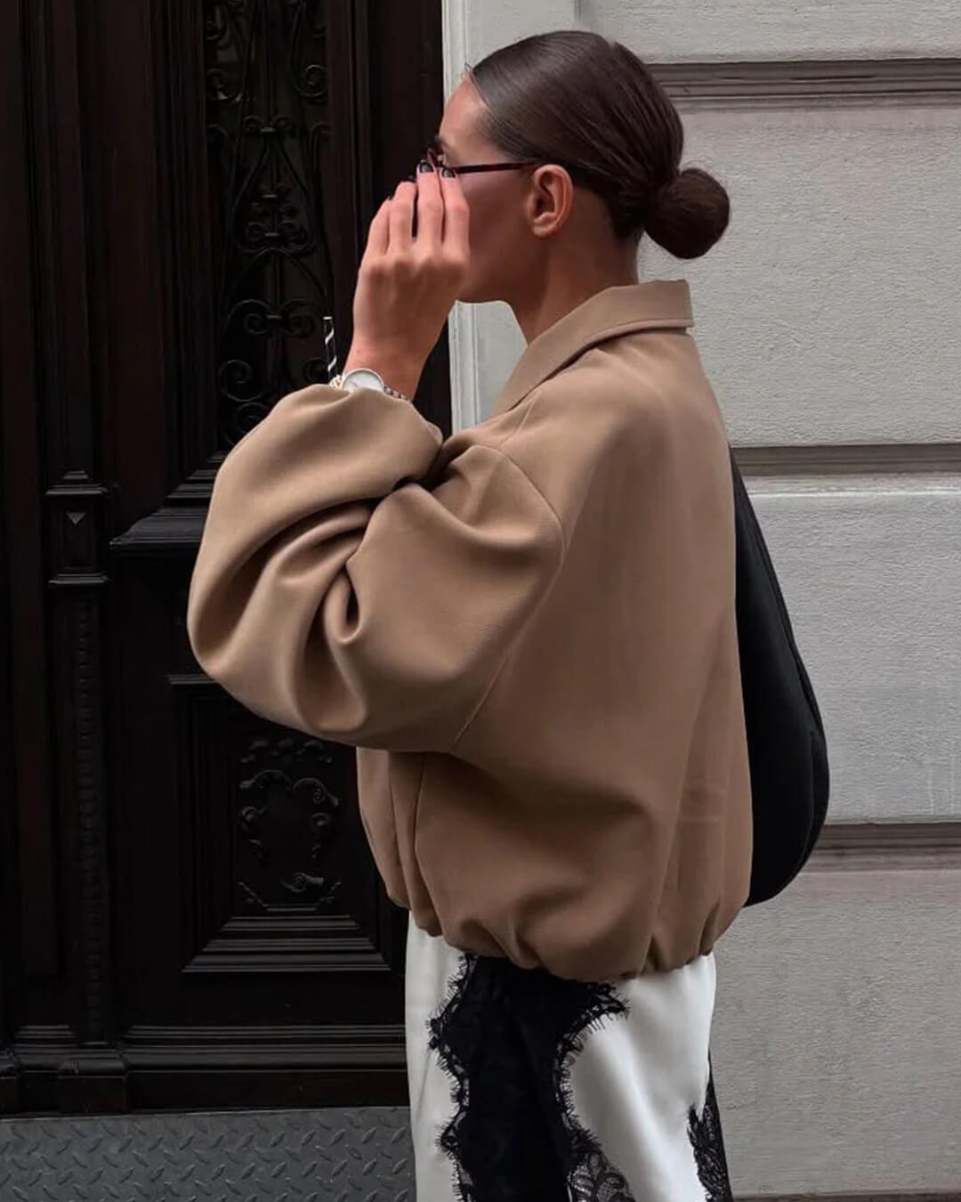 OLANE Front-Zip Puffer Bomber Jacket BeigeXSWomen's Coats & Jackets