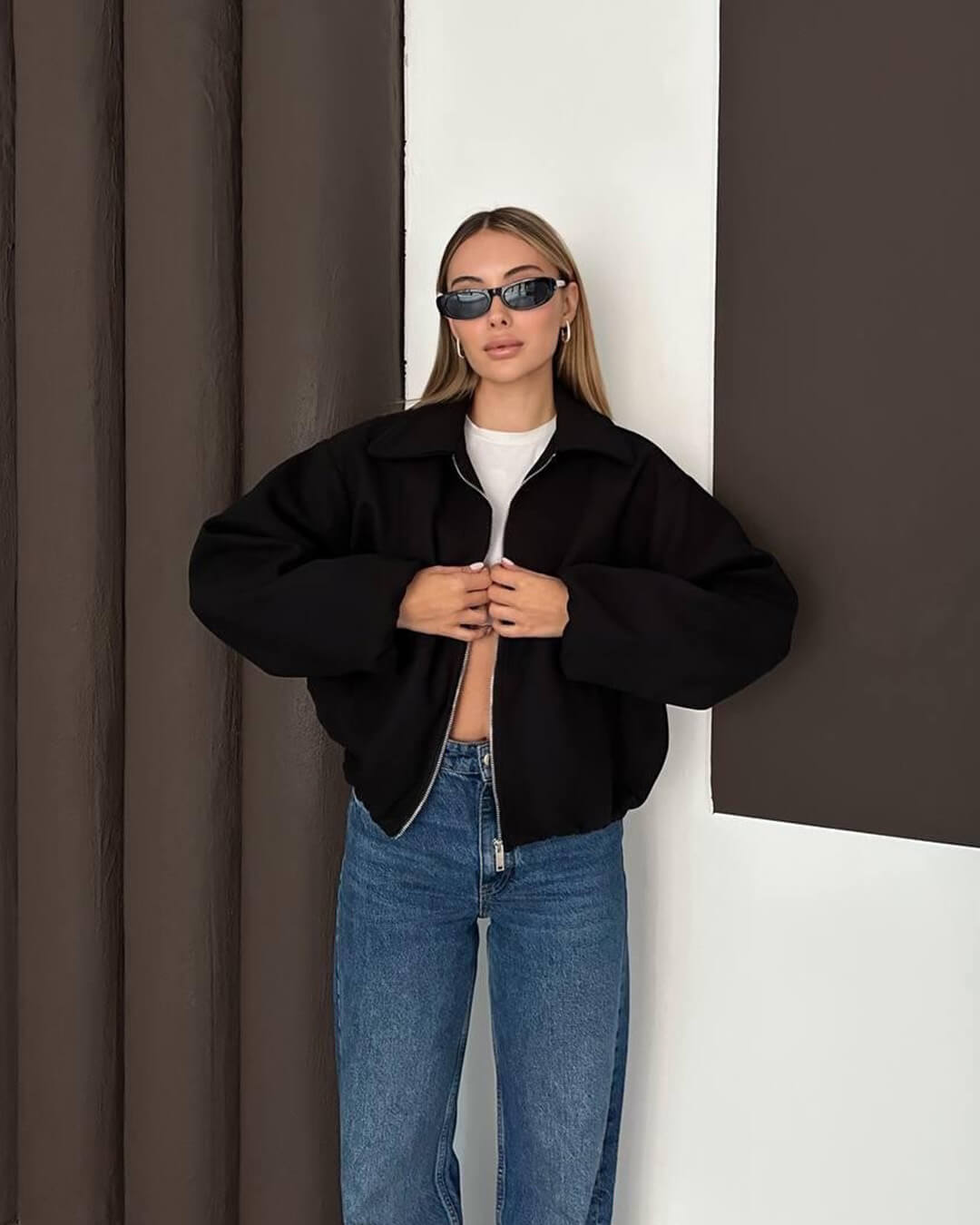 OLANE Front-Zip Puffer Bomber Jacket BlackXSWomen's Coats & Jackets