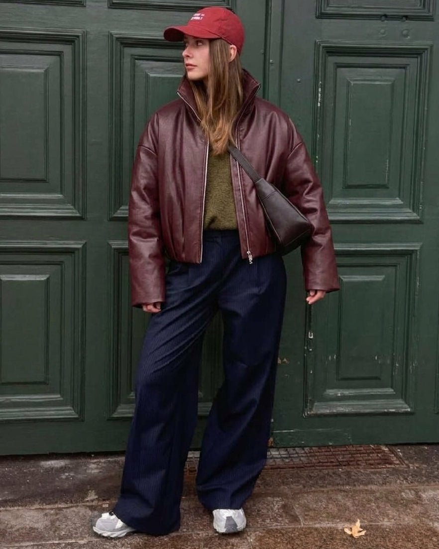 OLANE Funnel Neck Faux Leather Biker Jacket BurgundySJacket