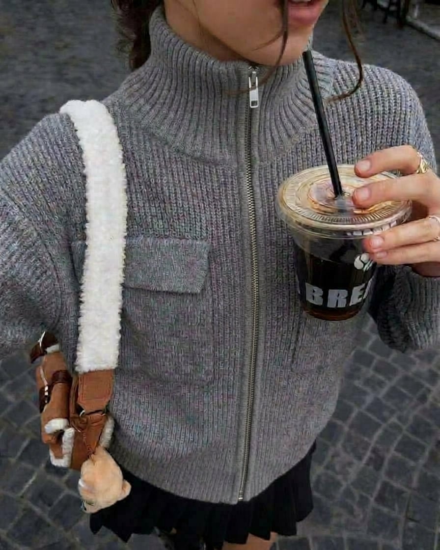 OLANE Funnel Neck Zip Up Sweater with Flap Pockets GreyMSweater