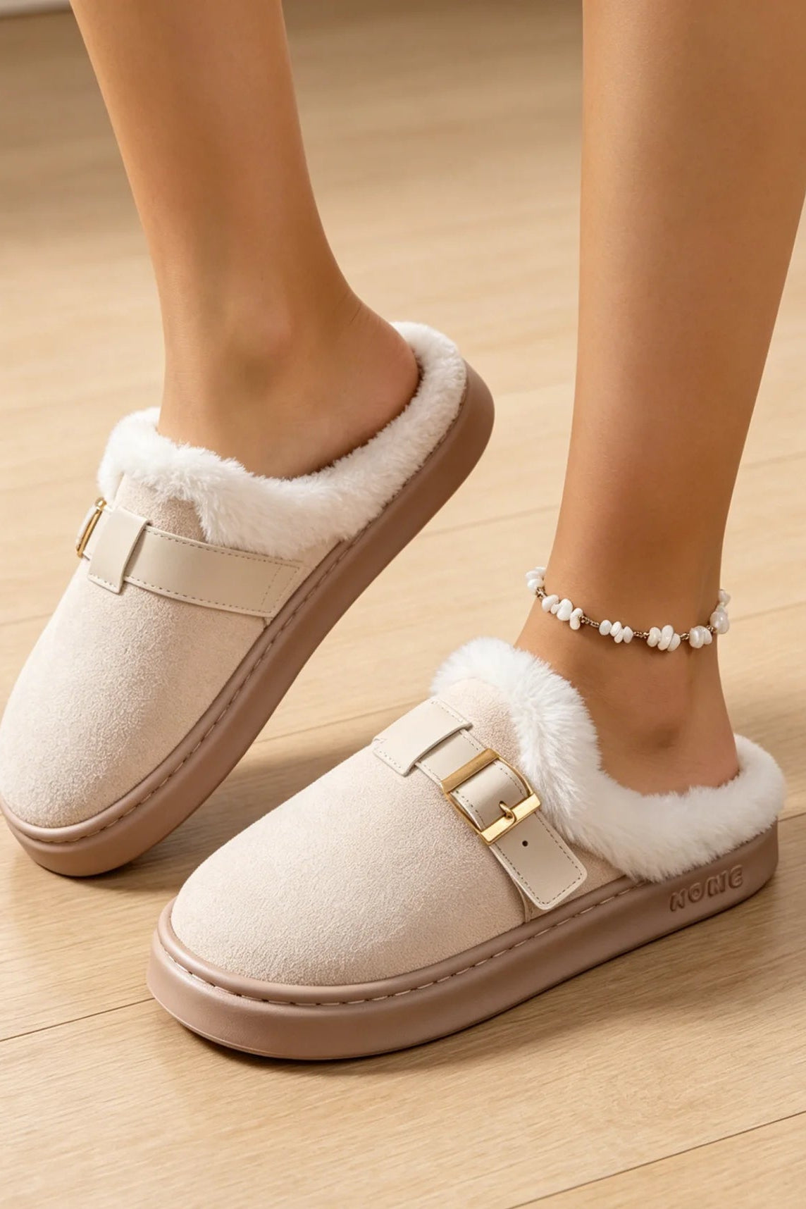 OLANE Fuzzy Retro Faux Fur Lined Suede Slippers Beige36-37Shoes