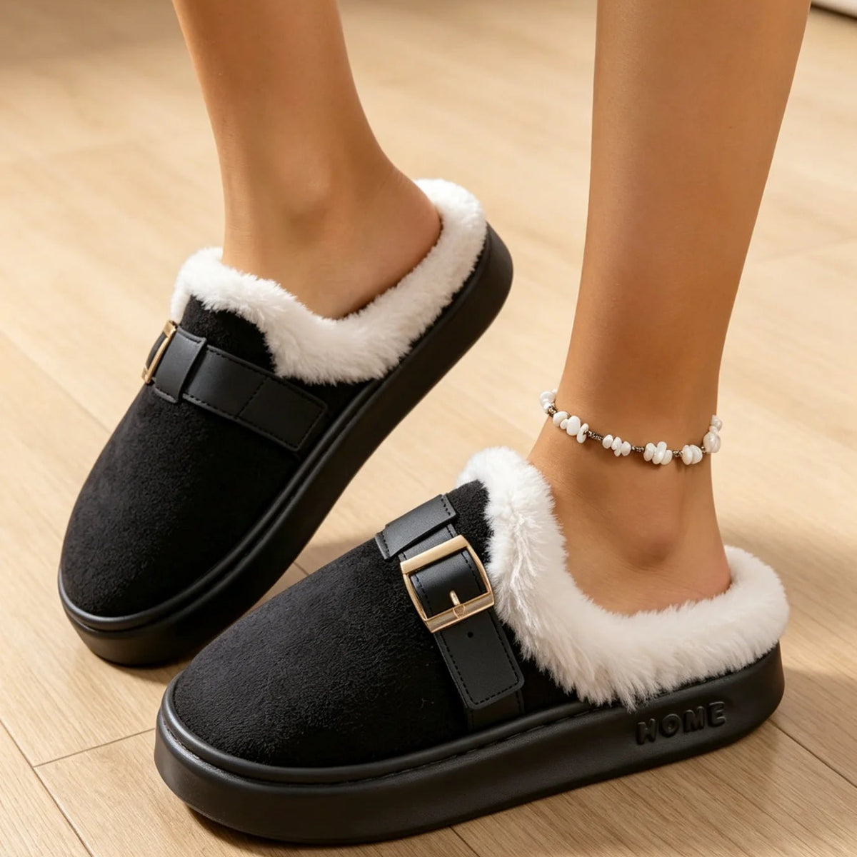 OLANE Fuzzy Retro Faux Fur Lined Suede Slippers Black36-37Shoes