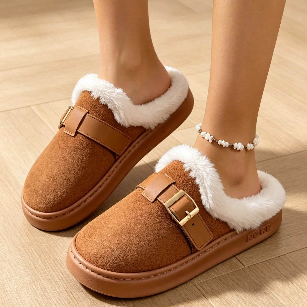 OLANE Fuzzy Retro Faux Fur Lined Suede Slippers Brown36-37Shoes