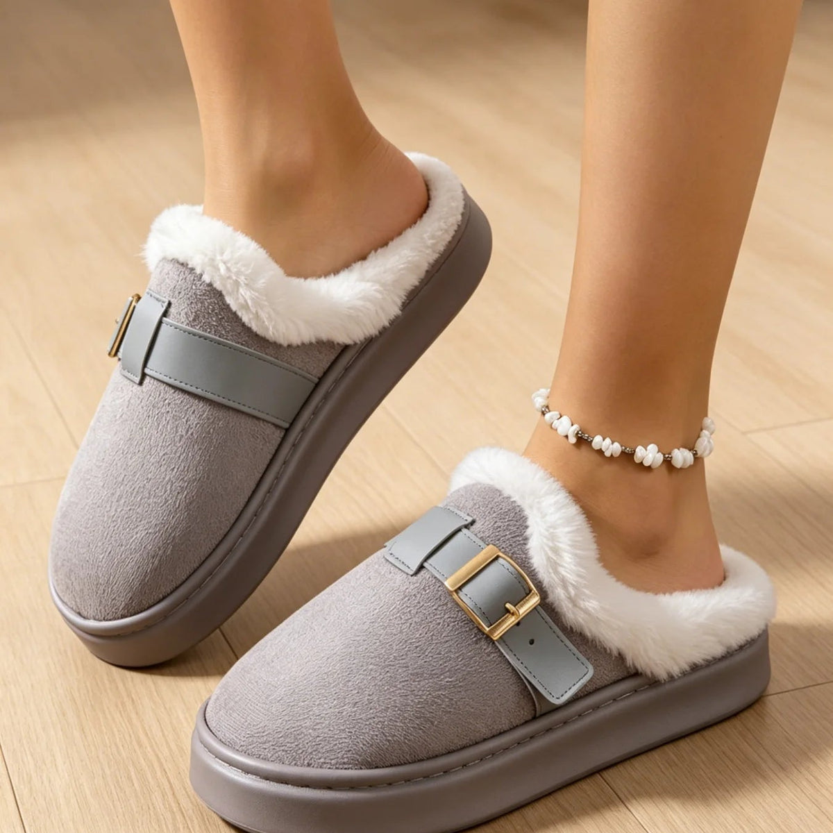 OLANE Fuzzy Retro Faux Fur Lined Suede Slippers Grey36-37Shoes