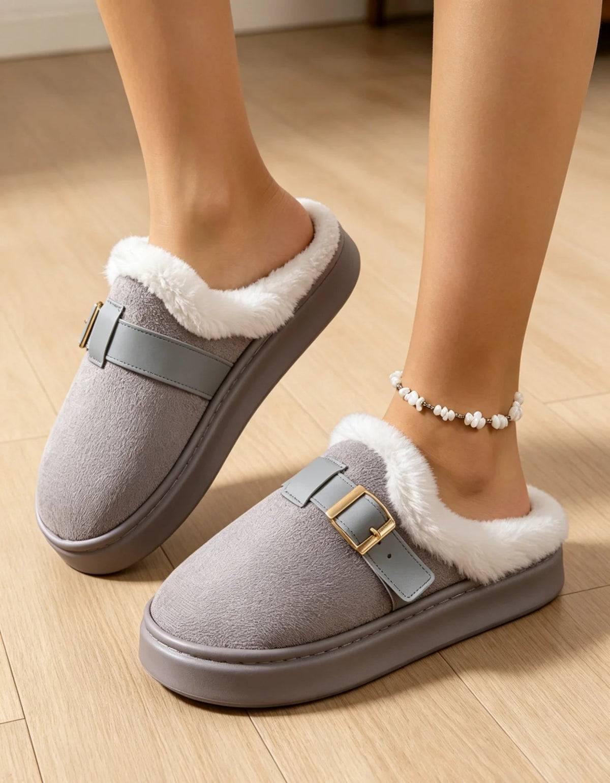 OLANE Fuzzy Retro Faux Fur Lined Suede Slippers Grey36-37Shoes