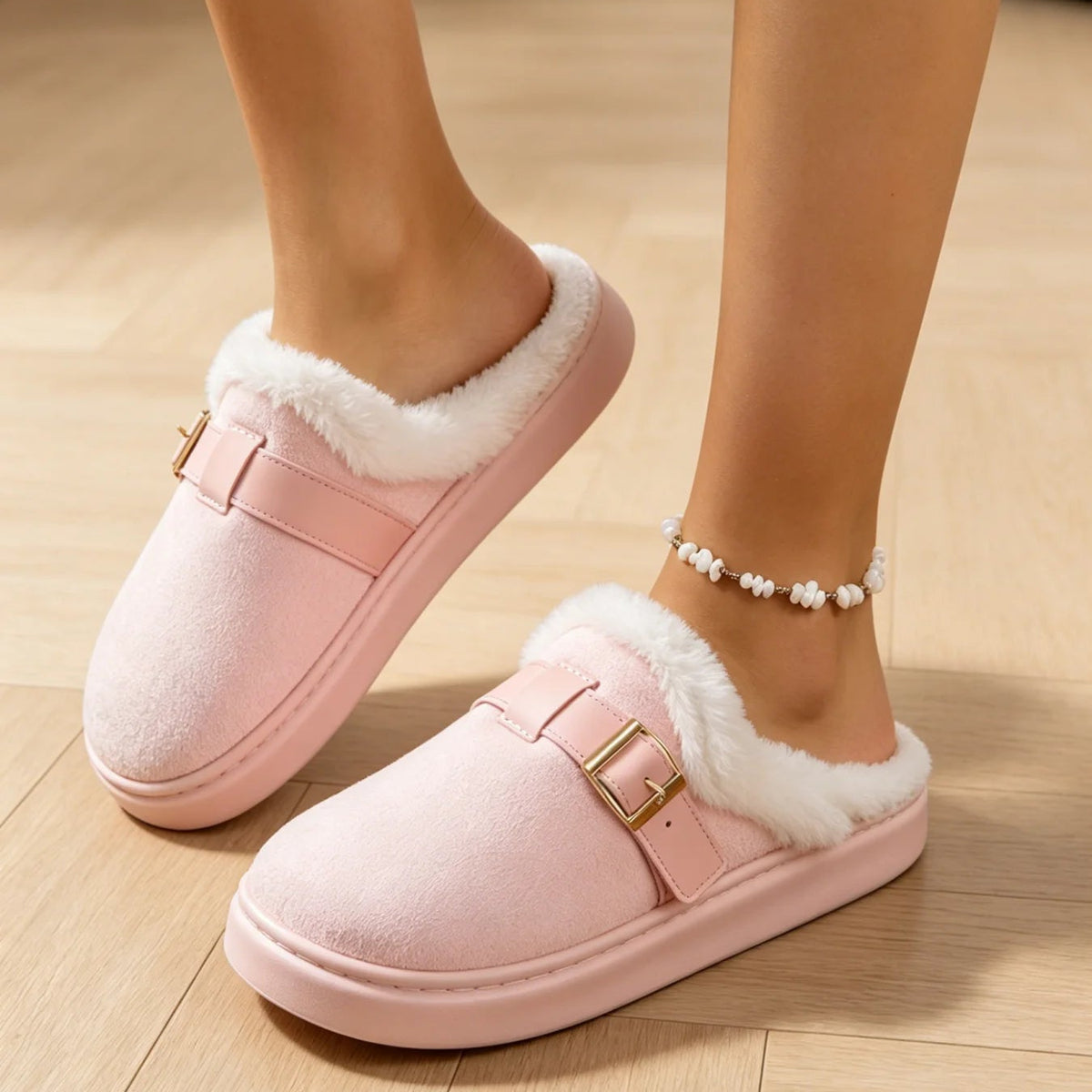 OLANE Fuzzy Retro Faux Fur Lined Suede Slippers Pink36-37Shoes
