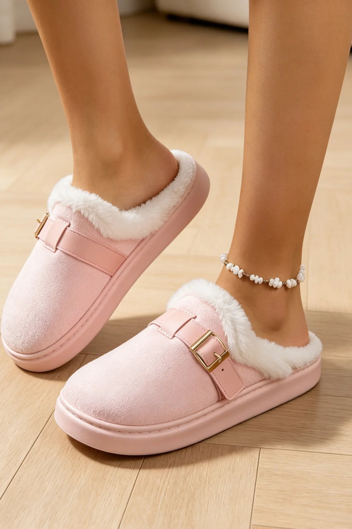 OLANE Fuzzy Retro Faux Fur Lined Suede Slippers Pink36-37Shoes