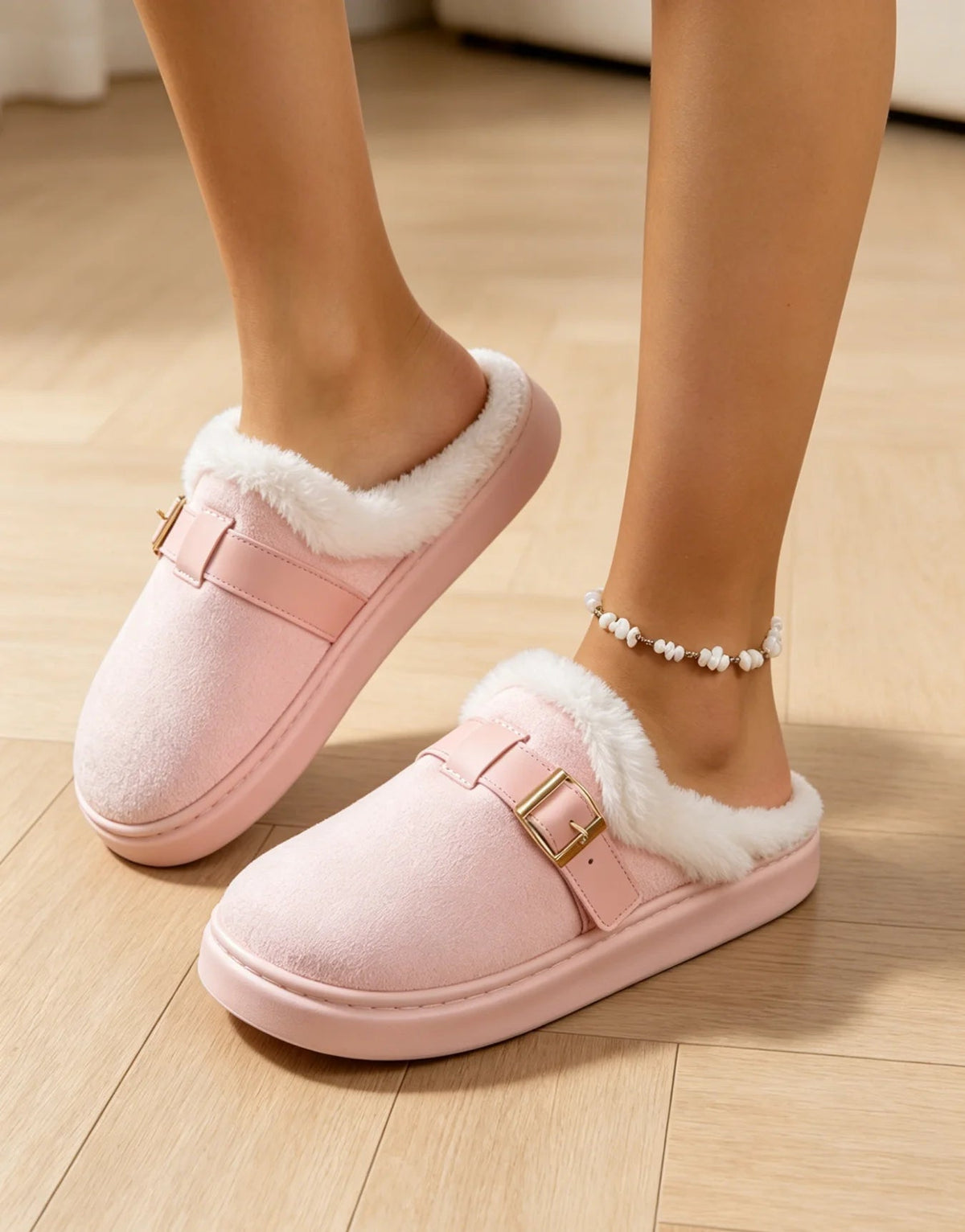 OLANE Fuzzy Retro Faux Fur Lined Suede Slippers Pink36-37Shoes
