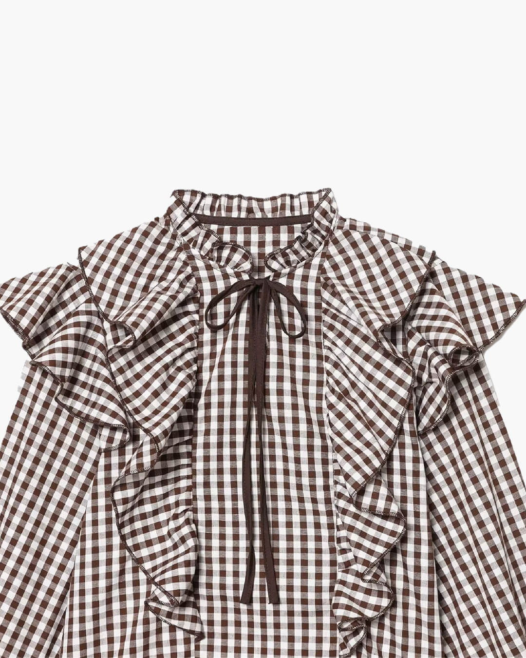 OLANE Gingham Ruffle Tie-Neck Blouse BrownMBlouse