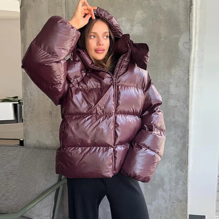 Glänzende Kapuzen-Pufferjacke