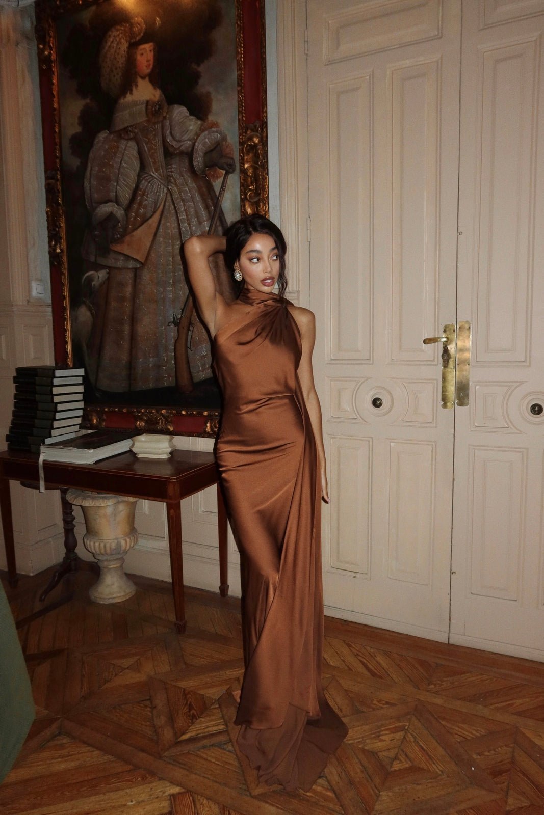 OLANE Halter Open Back Cape Maxi Dress BrownSDress