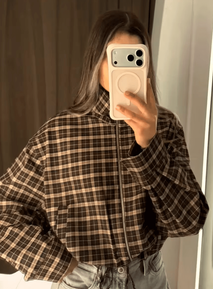 OLANE High Collar Checked Zip-Up Jacket LWomen's Coats & Jackets
