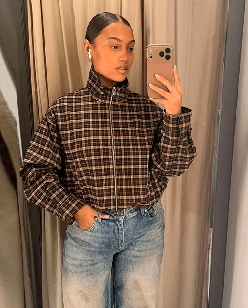 OLANE High Collar Checked Zip-Up Jacket LWomen's Coats & Jackets