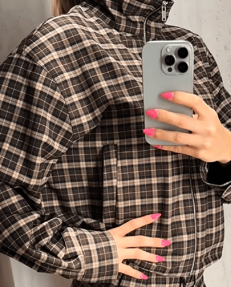 OLANE High Collar Checked Zip-Up Jacket SWomen's Coats & Jackets